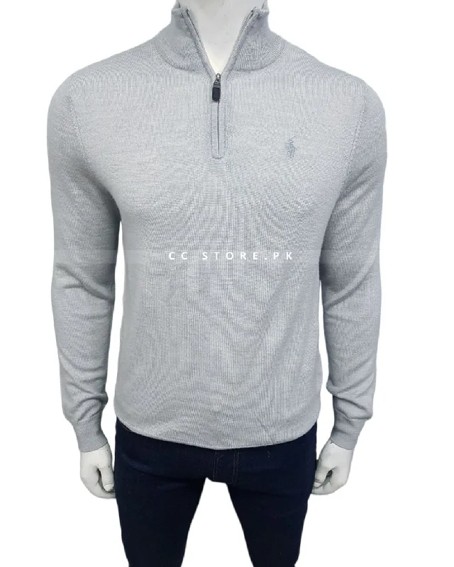 Men's Sweaters with Button CuffsRL Merino Wool Light Grey Half Zipper
