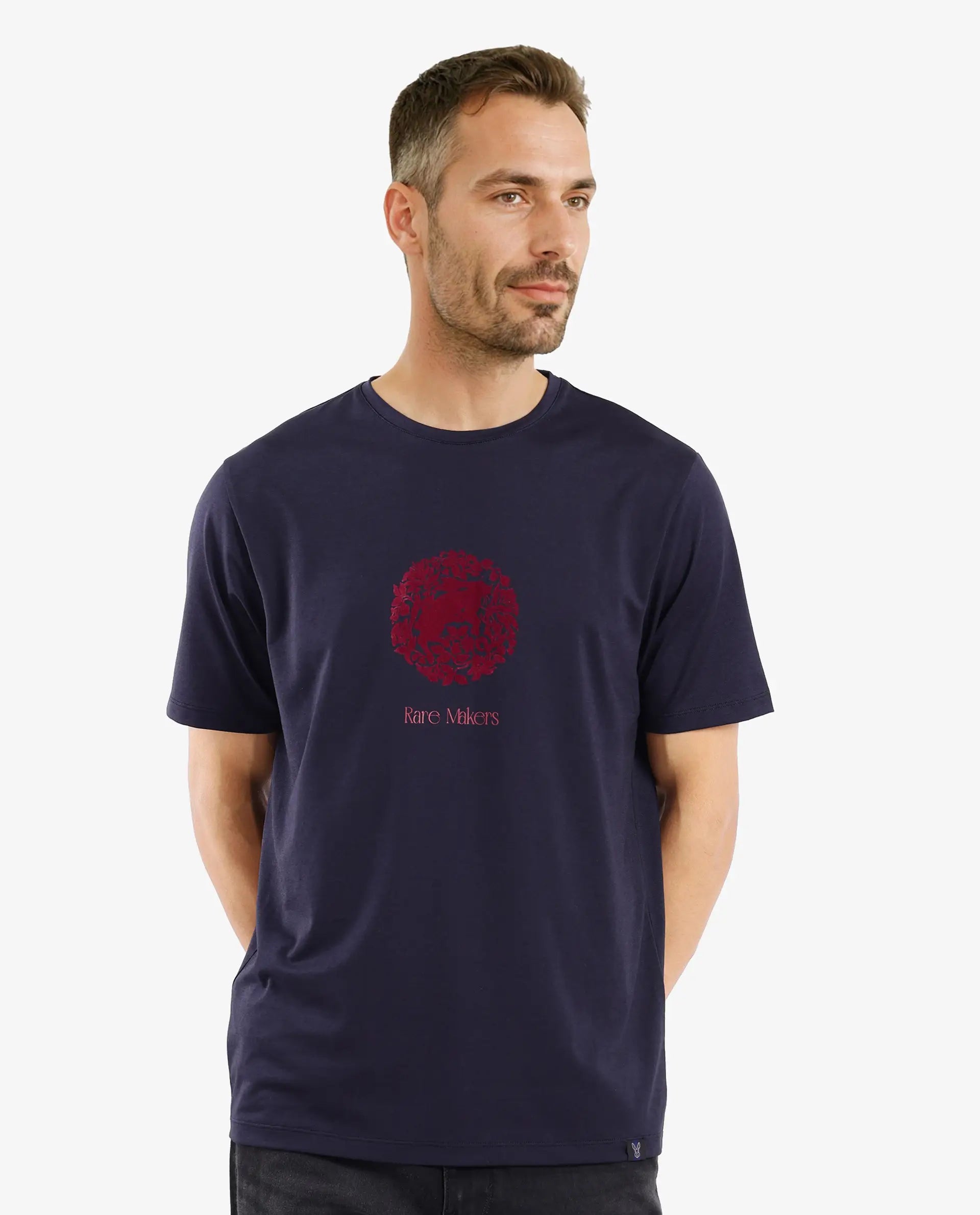 Men's Shirts with Button-Down CollarsRare Rabbit Men Make Navy Short Sleeve Crew Neck Regular Fit Graphic Print T-Shirt