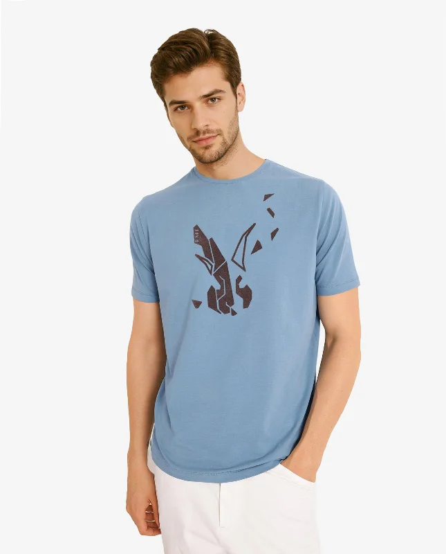Men's Shirts with Patchwork SleevesRare Rabbit Men Esse Blue Cotton Lycra Fabric Short Sleeve Crew Neck Regular Fit Graphic Flock Logo Print T-Shirt Men's Shirts with Patchwork SleevesRare Rabbit Men Esse Blue Cotton Lycra Fabric Short Sleeve Crew Neck Regular Fit Graphic Flock Logo Print T-Shirt