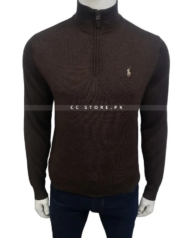 Men's Sweaters with Unique and Custom DesignsRL Merino Wool Brown Half Zipper