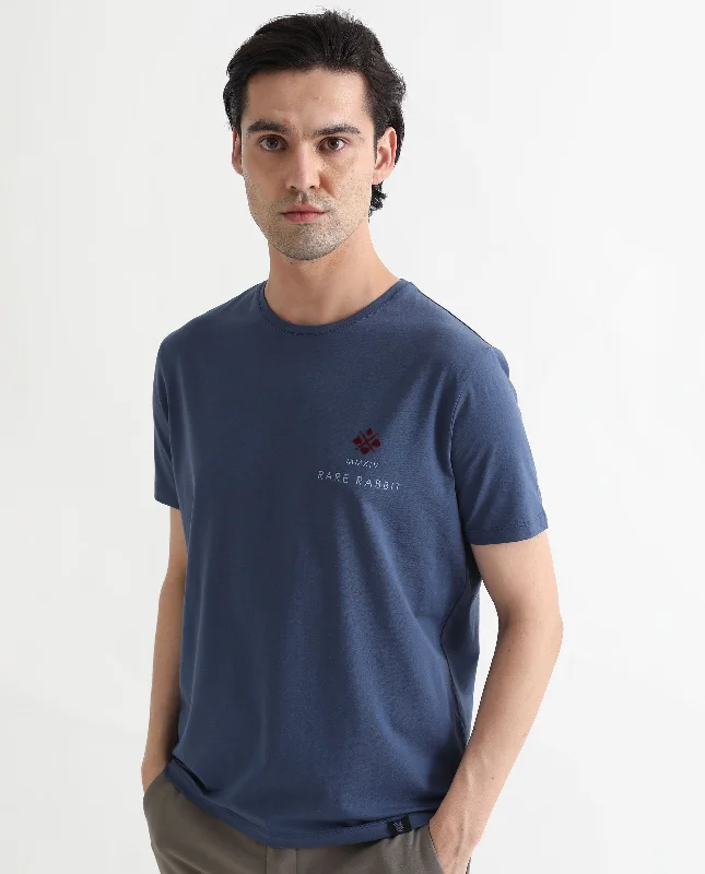 Men's Short-Sleeved ShirtsRare Rabbit Men's Castel Blue Crew Neck Graphic Print Branded Half Sleeves T-Shirt