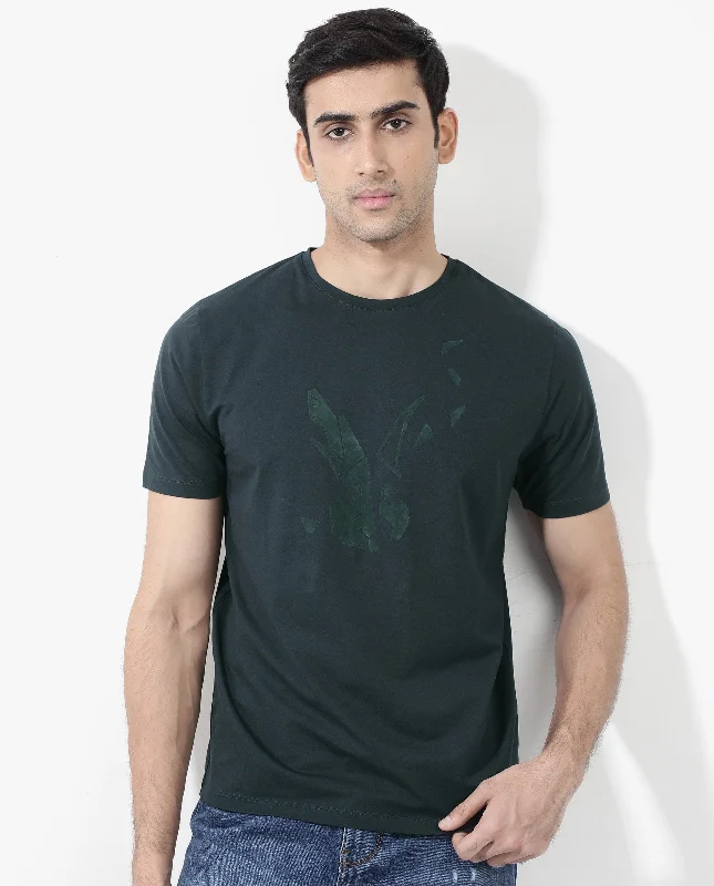 Men's Shirts with Embroidered DesignsRare Rabbit Men Esse Dark Green Cotton Lycra Fabric Short Sleeve Crew Neck Regular Fit Graphic Flock Logo Print T-Shirt Men's Shirts with Embroidered DesignsRare Rabbit Men Esse Dark Green Cotton Lycra Fabric Short Sleeve Crew Neck Regular Fit Graphic Flock Logo Print T-Shirt