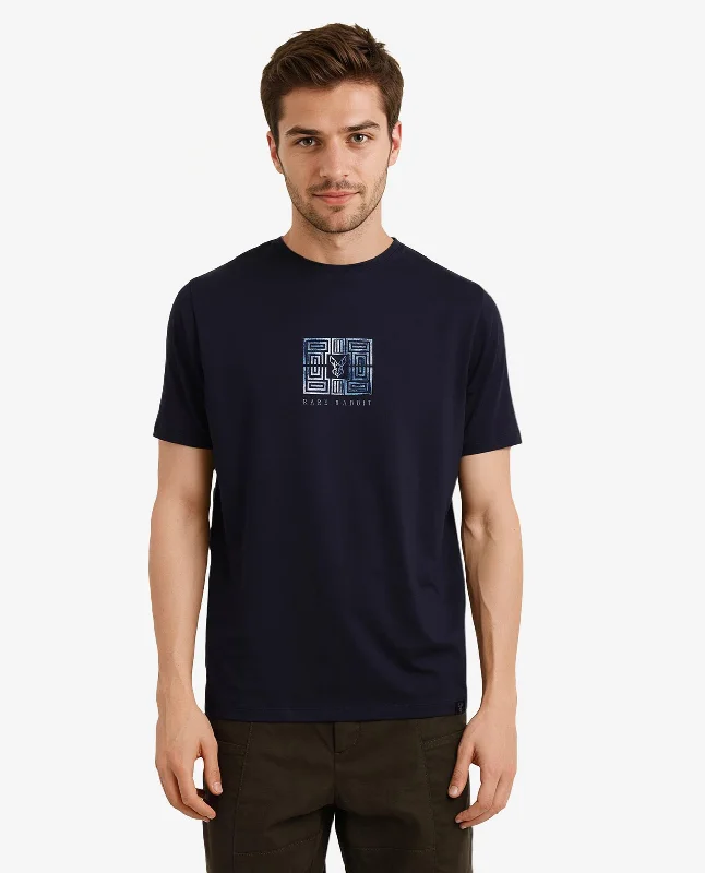 Men's Shirts with Floral PrintsRare Rabbit Men Ack Navy Cotton Blend Fabric Short Sleeve Crew Neck Logo Print T-Shirt Men's Shirts with Floral PrintsRare Rabbit Men Ack Navy Cotton Blend Fabric Short Sleeve Crew Neck Logo Print T-Shirt