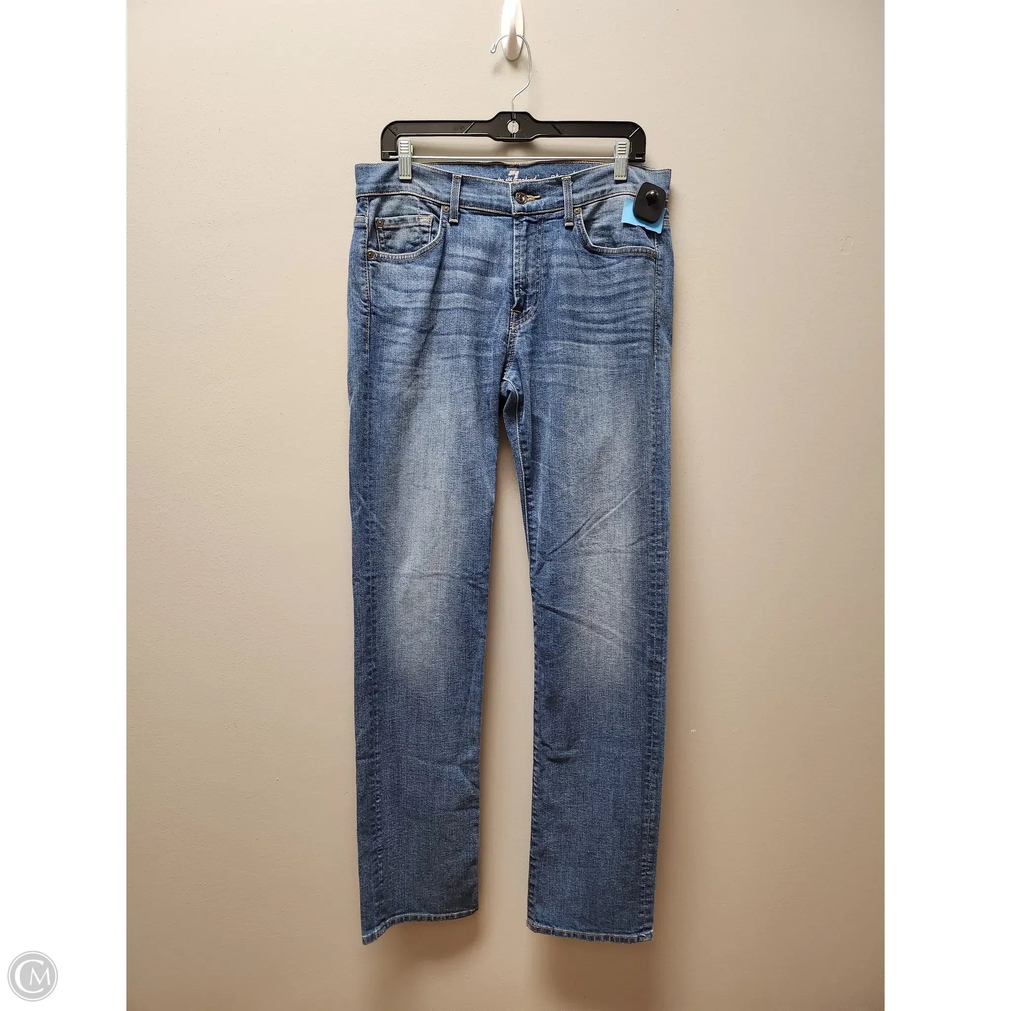 Cool Distressed Men's JeansJeans Straight By 7 For All Mankind In Blue Denim, Size: 8 Cool Distressed Men's JeansJeans Straight By 7 For All Mankind In Blue Denim, Size: 8