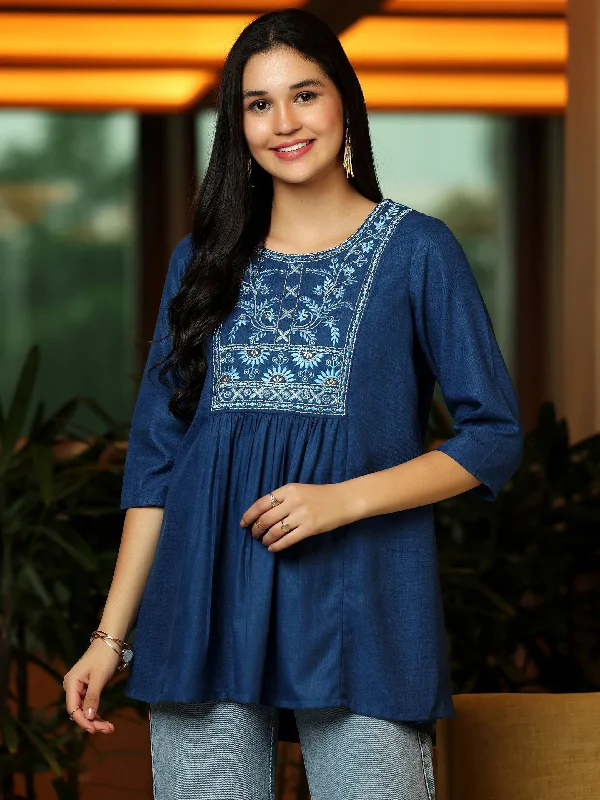 Blue Yoke Design Cotton Blend A-Line Kurti