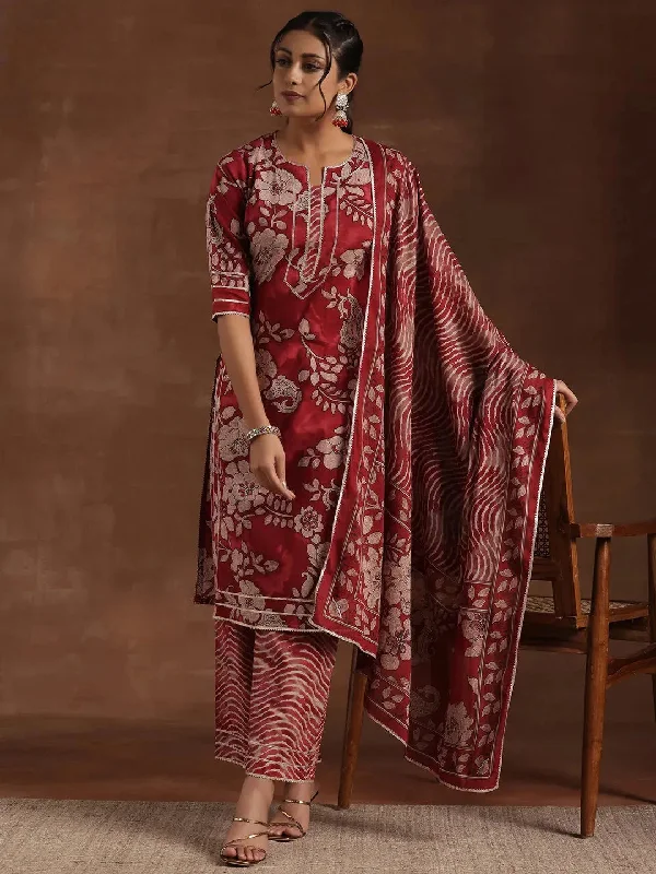 Rust Printed Cotton Straight Suit With Dupatta