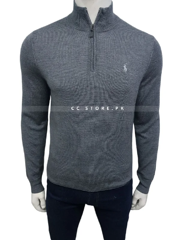 Men's Sweaters with Hoods and DrawstringsRL Merino Wool Grey Half Zipper