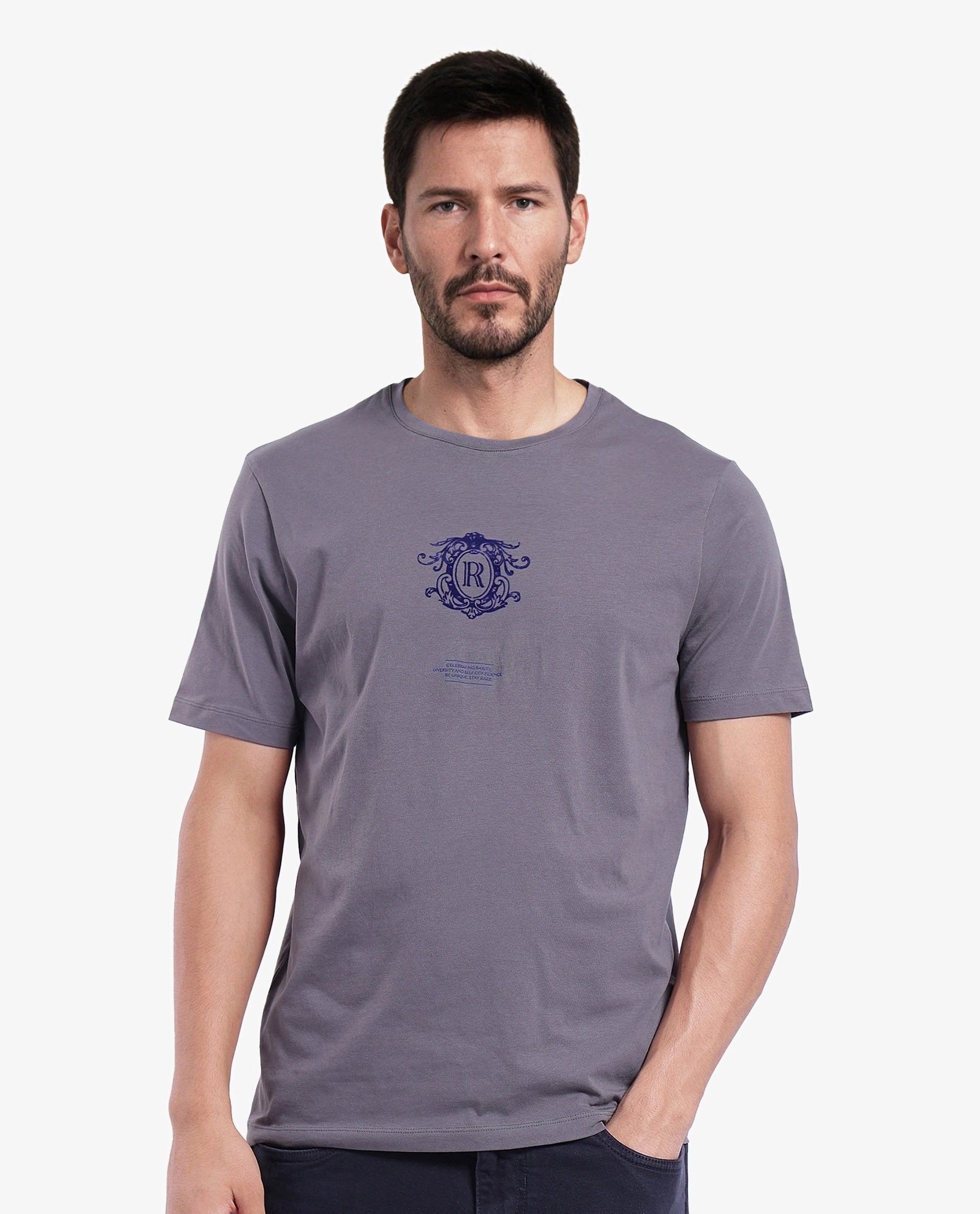 Men's Shirts with Ruffled HemlinesRare Rabbit Men Ker Light Grey Short Sleeve Crew Neck Graphic Print T-Shirt Men's Shirts with Ruffled HemlinesRare Rabbit Men Ker Light Grey Short Sleeve Crew Neck Graphic Print T-Shirt