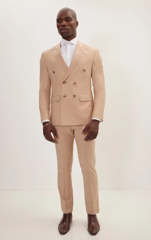 Super 120S Merino Wool Double Breasted Suit - Tan