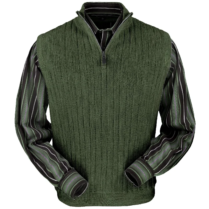 Men's Sweaters with Asymmetrical HemlinesBaby Alpaca 'Links Stitch' Ribbed Zip-Neck Sweater Vest in Light Olive Heather by Peru Unlimited Men's Sweaters with Asymmetrical HemlinesBaby Alpaca 'Links Stitch' Ribbed Zip-Neck Sweater Vest in Light Olive Heather by Peru Unlimited