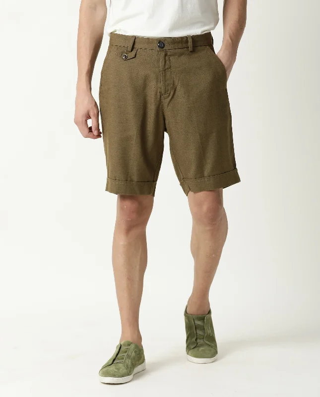Men's Pants with Stain-Resistant TreatmentRare Rabbit Mens Camer Olive Lyocell Blend Fabric Regular Fit Mid Rise Button & Zip Closure Shorts