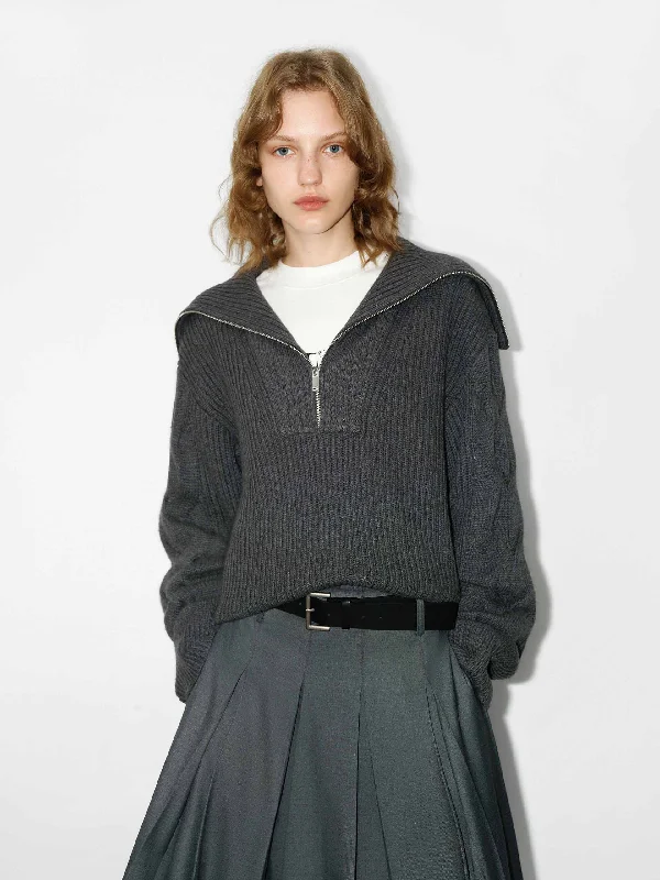 Men's Sweaters with Button-Up CollarsNavy Collar Ribbed Knit Top