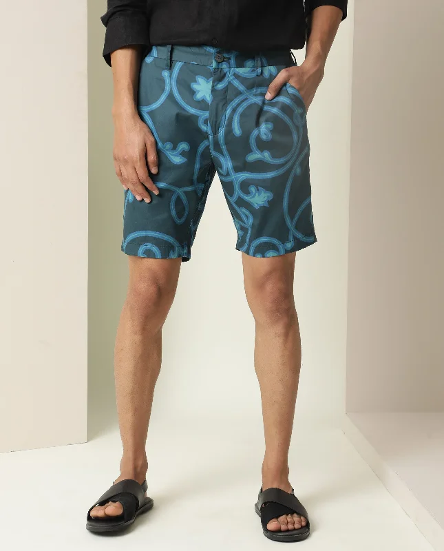 Men's Pants with Graphic PrintsRare Rabbit Mens Monlet Petrol Cotton Fabric Button & Zip Closure Regular Fit Mid Rise Abstract Print Shorts