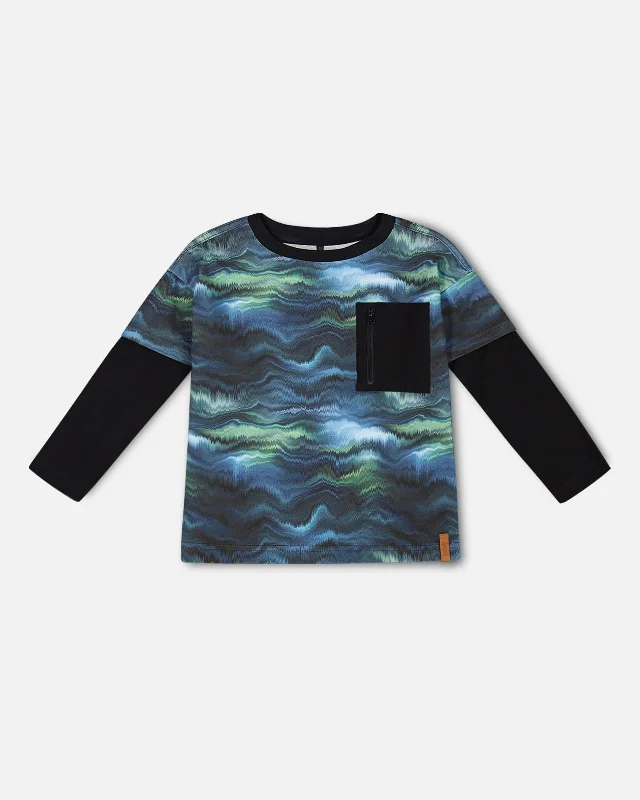 Men's Sleeveless TopsLayered Long Sleeve T-Shirt Blue Aurora Borealis