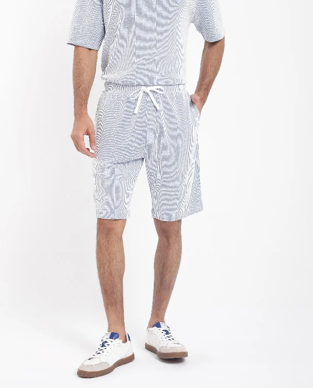 Men's Pants with Contrast StitchingRare Rabbit Men's Zavet-B Blue Cotton Polyester Fabric Knee Length Regular Fit Self Stripe Textured Shorts