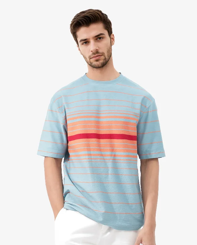 Men's Shirts with Short PlacketsRare Rabbit Mens Kot Dusky Blue Cotton Fabric Short Sleeves Oversized Fit Stripe T-Shirt Men's Shirts with Short PlacketsRare Rabbit Mens Kot Dusky Blue Cotton Fabric Short Sleeves Oversized Fit Stripe T-Shirt