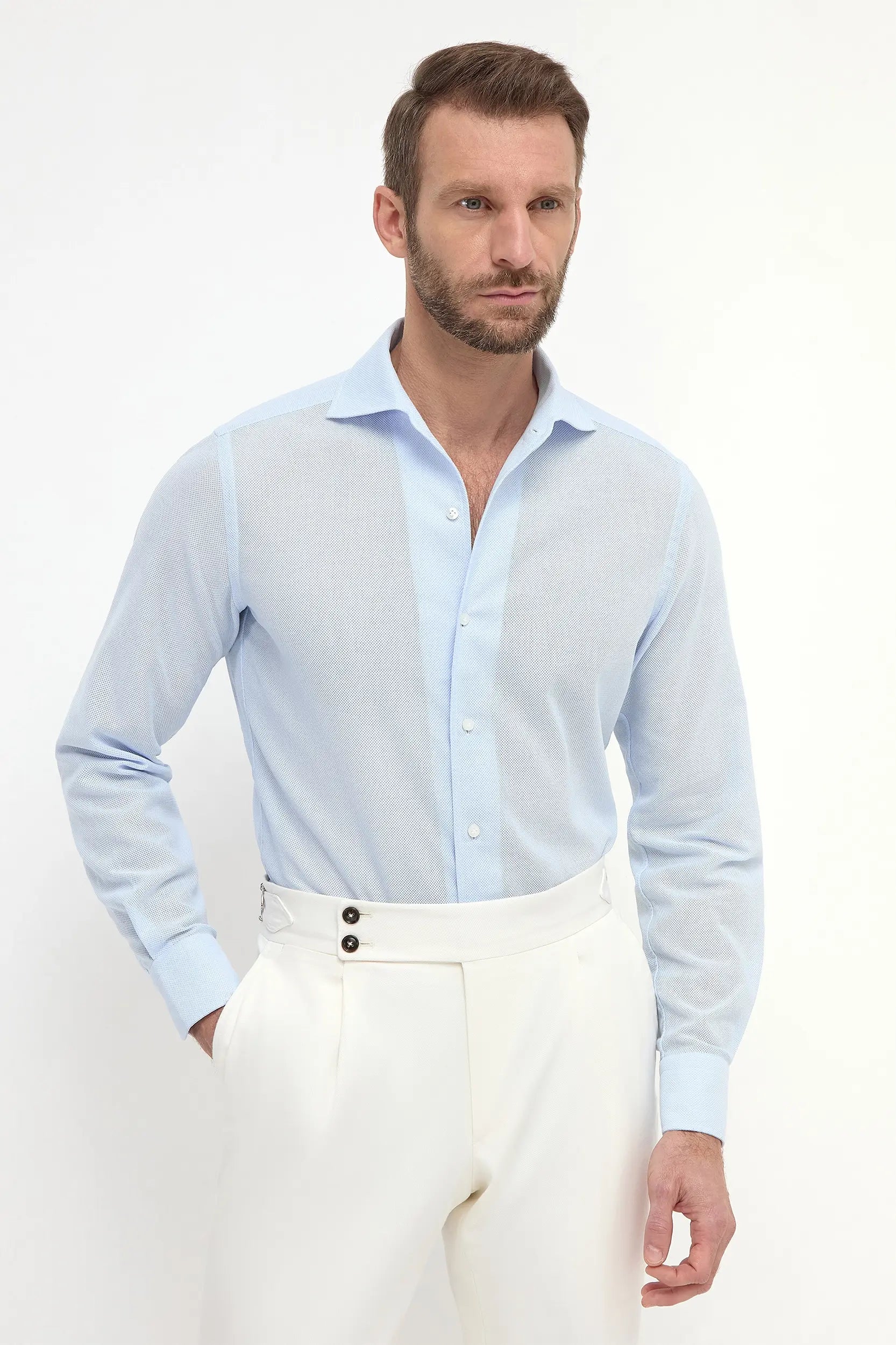 Men's Casual Friday Shirts for Relaxed Office DaysLight blue basketweave shirt - Made in Italy Men's Casual Friday Shirts for Relaxed Office DaysLight blue basketweave shirt - Made in Italy