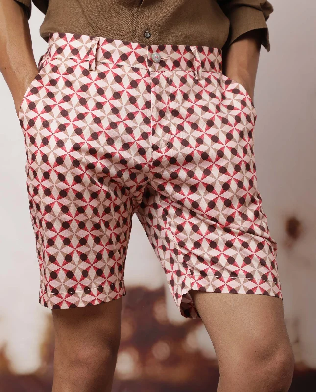 Men's Pants with Button-CuffsRare Rabbit Men's Stany Pink Cotton Fabric Button & Zip Closure Slim Fit Mid Rise Geometric Print Shorts
