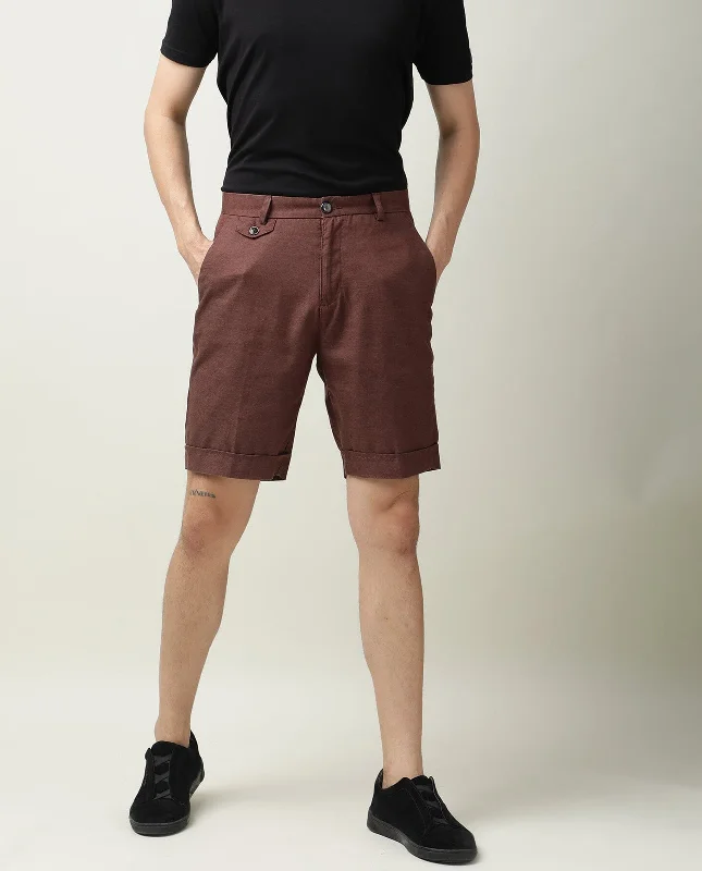 Men's Pants with UV ProtectionRare Rabbit Mens Camer Maroon Shorts Polycotton Fabric Slim Fit Mid Rise Waist Button & Zip Closure