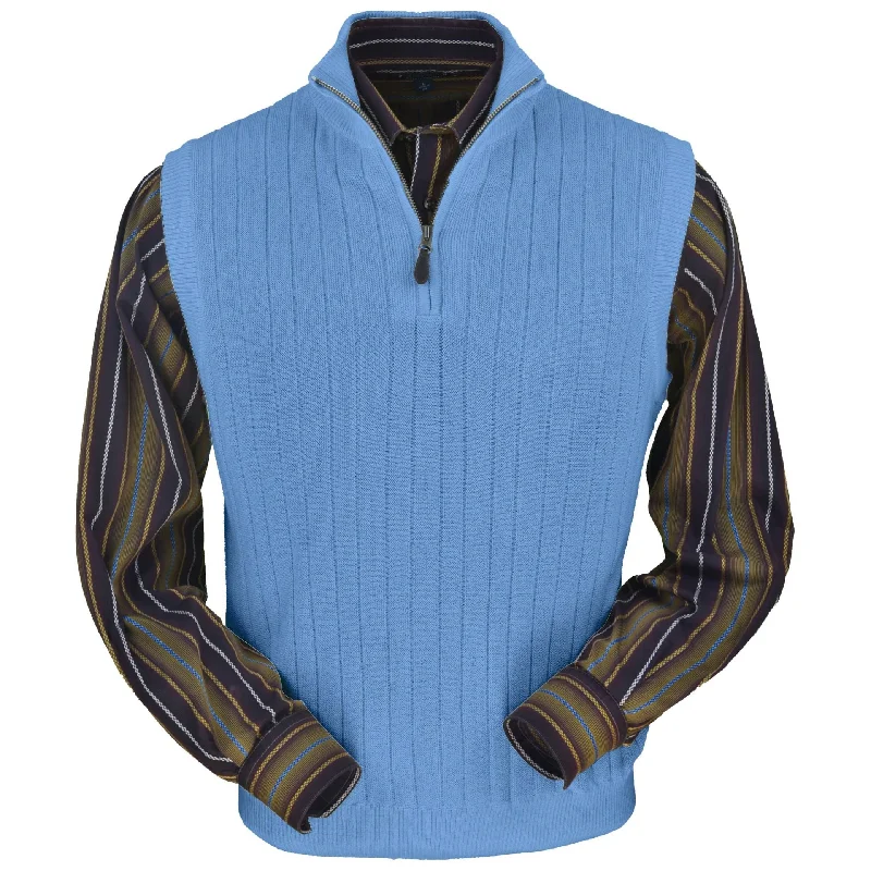 Fitted Men's Slim-Fit SweatersBaby Alpaca 'Links Stitch' Ribbed Zip-Neck Sweater Vest in Atlantic Blue by Peru Unlimited Fitted Men's Slim-Fit SweatersBaby Alpaca 'Links Stitch' Ribbed Zip-Neck Sweater Vest in Atlantic Blue by Peru Unlimited