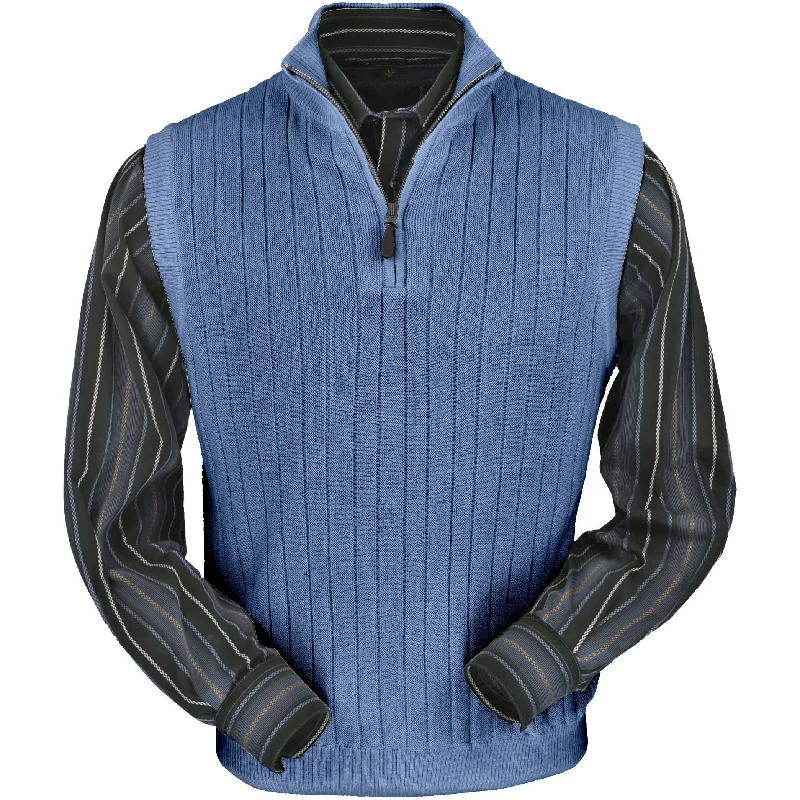 Men's Sweaters with Flat-Front DesignsBaby Alpaca 'Links Stitch' Ribbed Zip-Neck Sweater Vest in Coastal Heather by Peru Unlimited Men's Sweaters with Flat-Front DesignsBaby Alpaca 'Links Stitch' Ribbed Zip-Neck Sweater Vest in Coastal Heather by Peru Unlimited