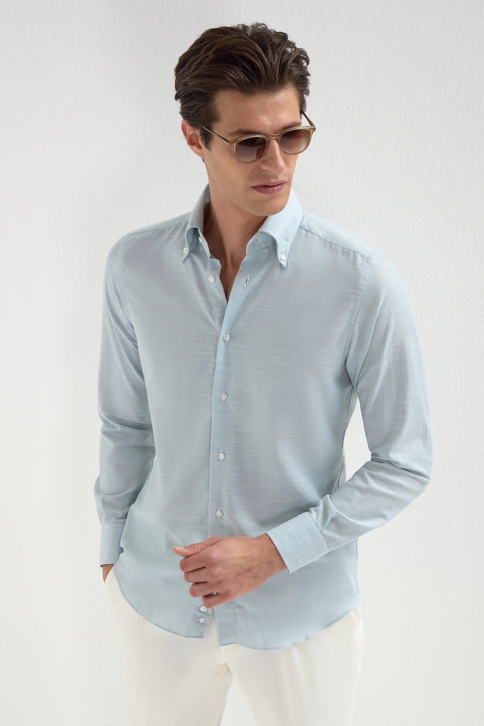 Men's Designer Shirts for a Statement PieceWater green chambray button down shirt - Made in Italy Men's Designer Shirts for a Statement PieceWater green chambray button down shirt - Made in Italy