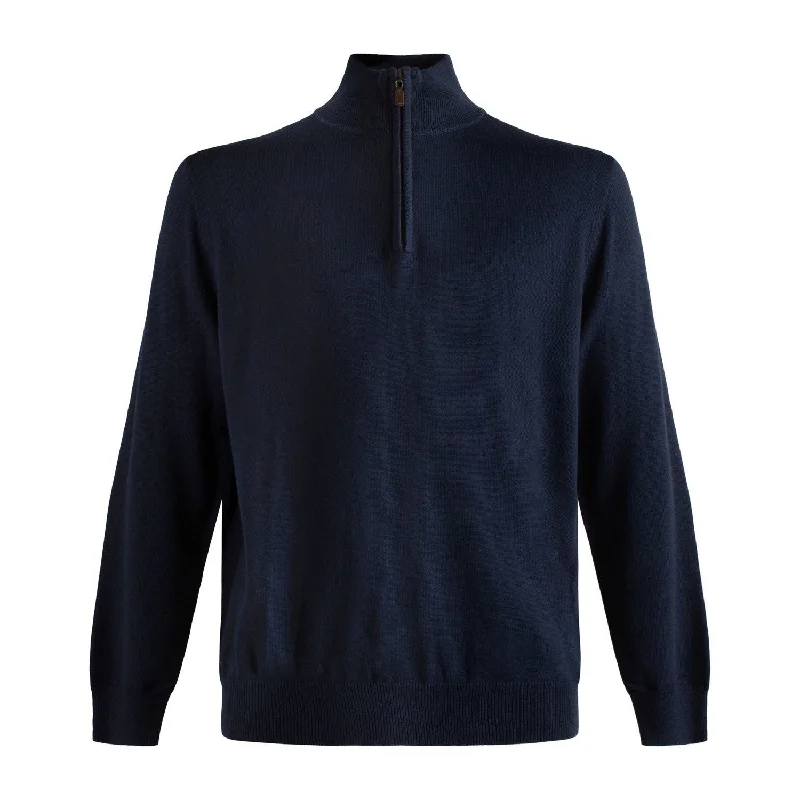 Men's Sweaters with Elastic WaistbandsCotton and Silk Blend Quarter-Zip Mock Neck Elbow Patch Sweater in Navy by Viyella Men's Sweaters with Elastic WaistbandsCotton and Silk Blend Quarter-Zip Mock Neck Elbow Patch Sweater in Navy by Viyella