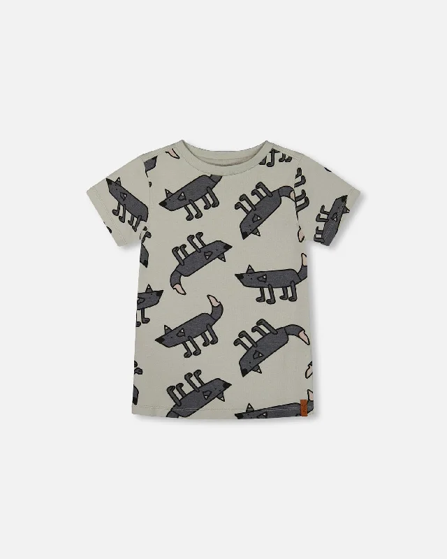 Men's Shirts with Convertible CollarsPrinted Organic Cotton Tee Gray Wolf On Teal Background Men's Shirts with Convertible CollarsPrinted Organic Cotton Tee Gray Wolf On Teal Background