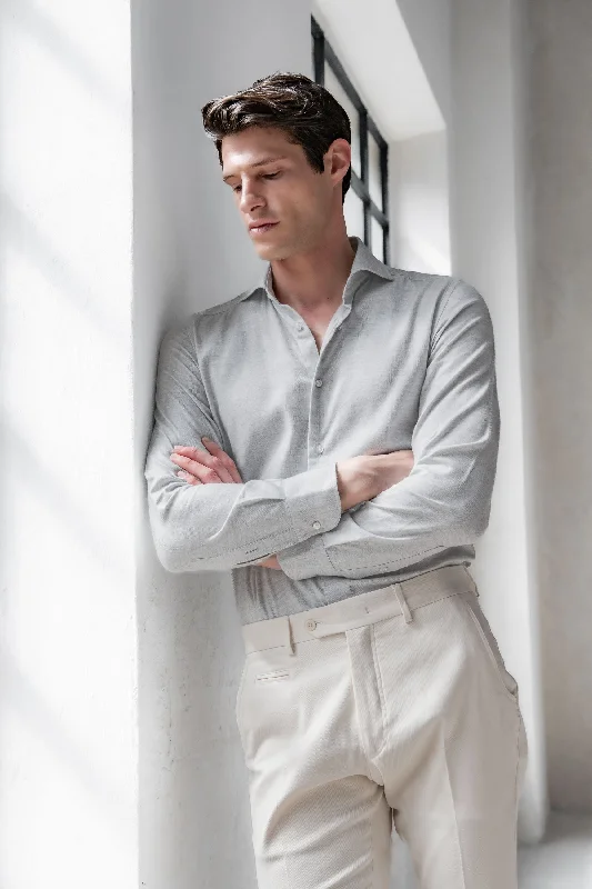 Lightweight Men's Poplin ShirtsLight grey herringbone cotton and Tencel™ shirt - Made In Italy
