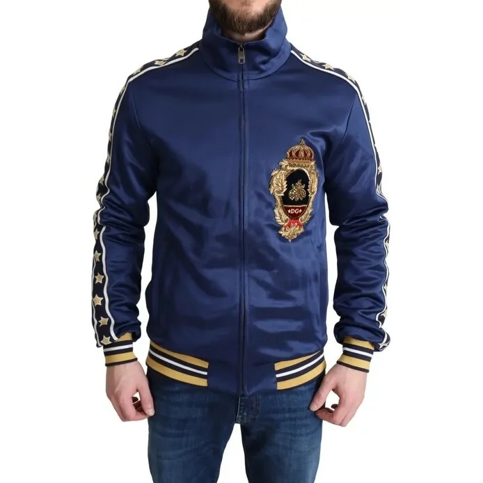 Men's Sweaters with Stand-Up CollarsDolce & Gabbana Blue Heraldic Patch Striped King Bee Men's Sweater (Pre-Owned) Men's Sweaters with Stand-Up CollarsDolce & Gabbana Blue Heraldic Patch Striped King Bee Men's Sweater (Pre-Owned)