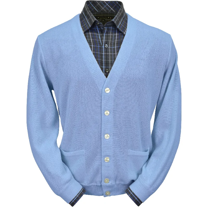 Versatile Men's Zip-Up SweatersBaby Alpaca 'Links Stitch' V-Neck Cardigan Sweater in Sea Blue by Peru Unlimited Versatile Men's Zip-Up SweatersBaby Alpaca 'Links Stitch' V-Neck Cardigan Sweater in Sea Blue by Peru Unlimited