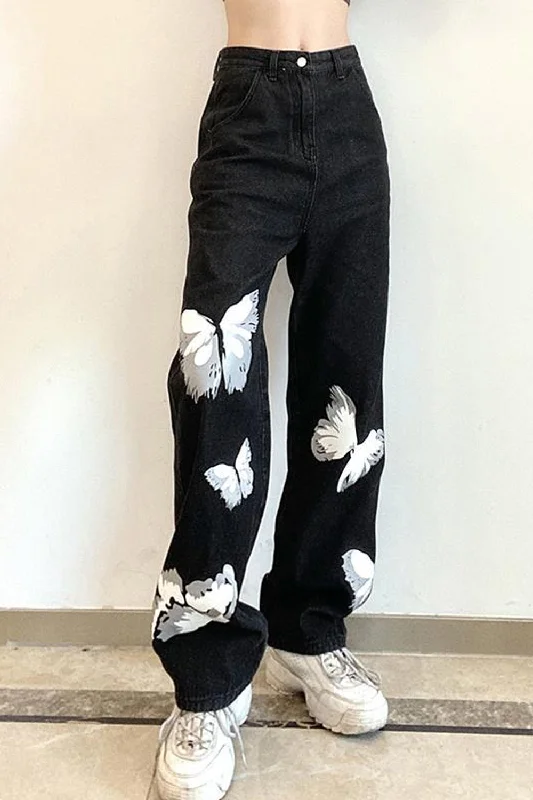 Men's Jeans for a Dressy OccasionKittenAlarm - High Waist Butterfly Pattern Black Jeans Pants Men's Jeans for a Dressy OccasionKittenAlarm - High Waist Butterfly Pattern Black Jeans Pants