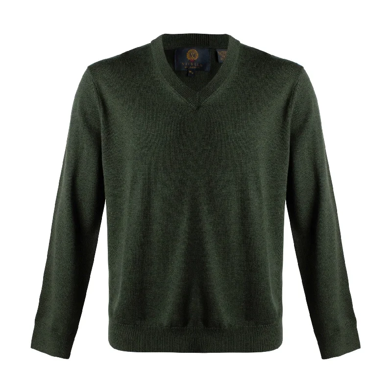 Men's Sweaters with Patchwork DesignsExtra Fine 'Zegna Baruffa' Merino Wool V-Neck Sweater in Dark Green by Viyella
