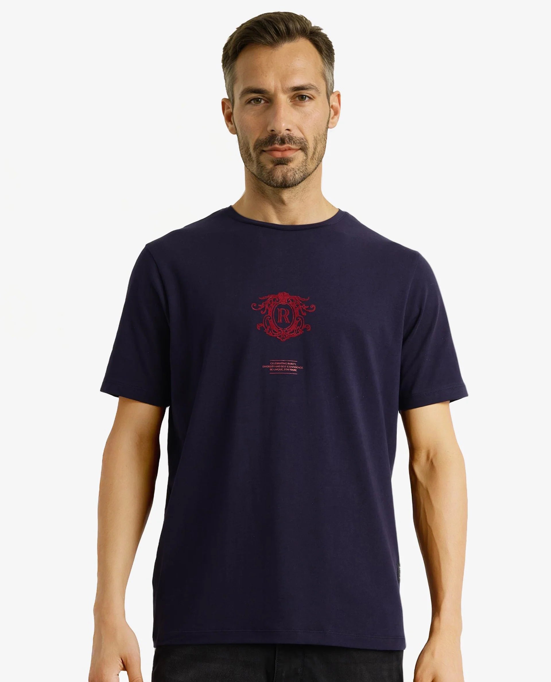 Men's Shirts with Spread CollarsRare Rabbit Men Ker Navy Cotton Lycra Fabric Short Sleeve Crew Neck Regular Fit Graphic Flock Print T-Shirt