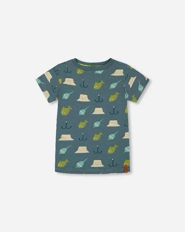 Men's Shirts with Tab CollarsPrinted Organic Cotton Tee Teal And Peach