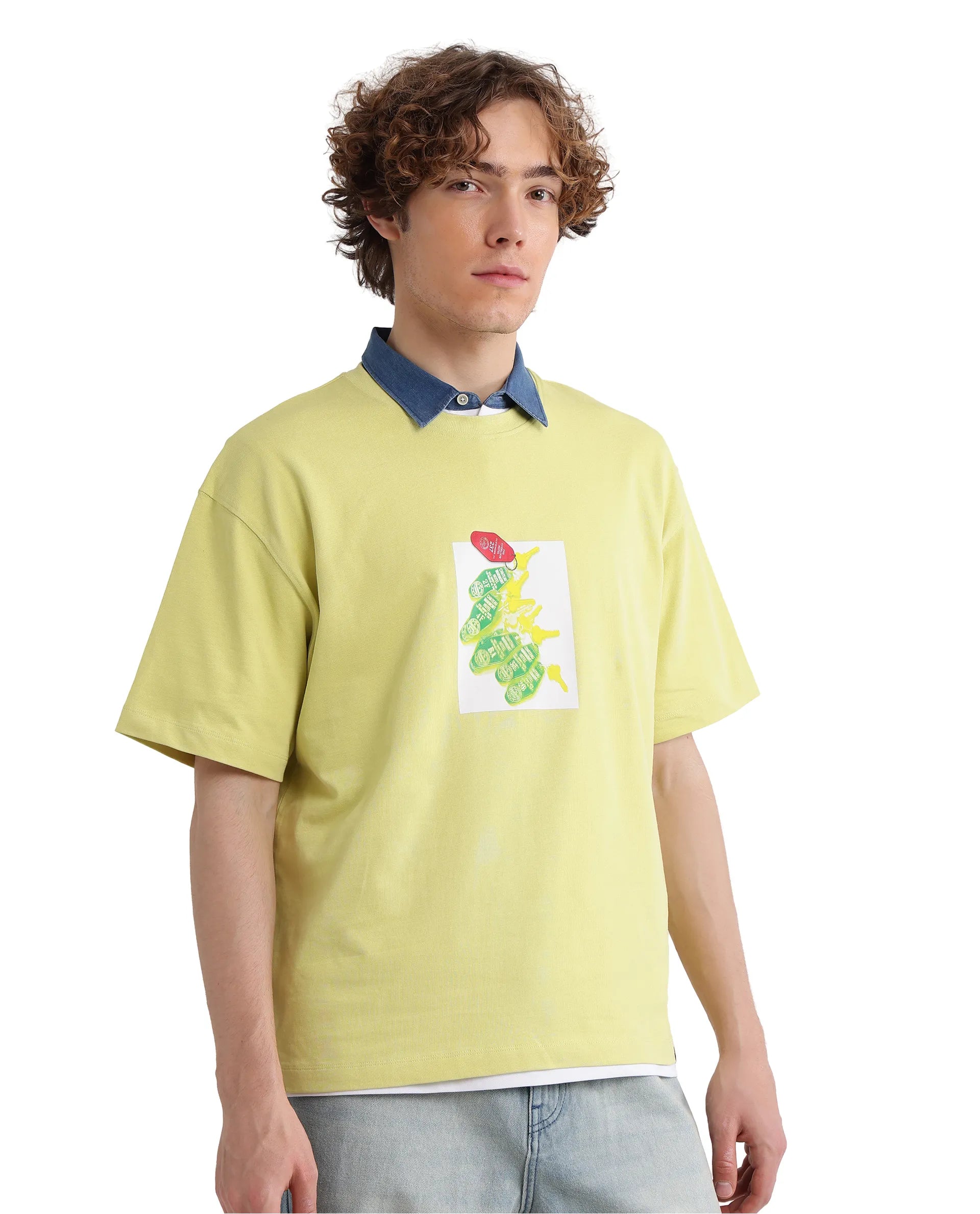 Men's Shirts with Velcro ClosuresRare Rabbit Men Just Light Yellow Cotton Fabric Short Sleeve Crew Neck Boxy Fit Graphic Print T-Shirt