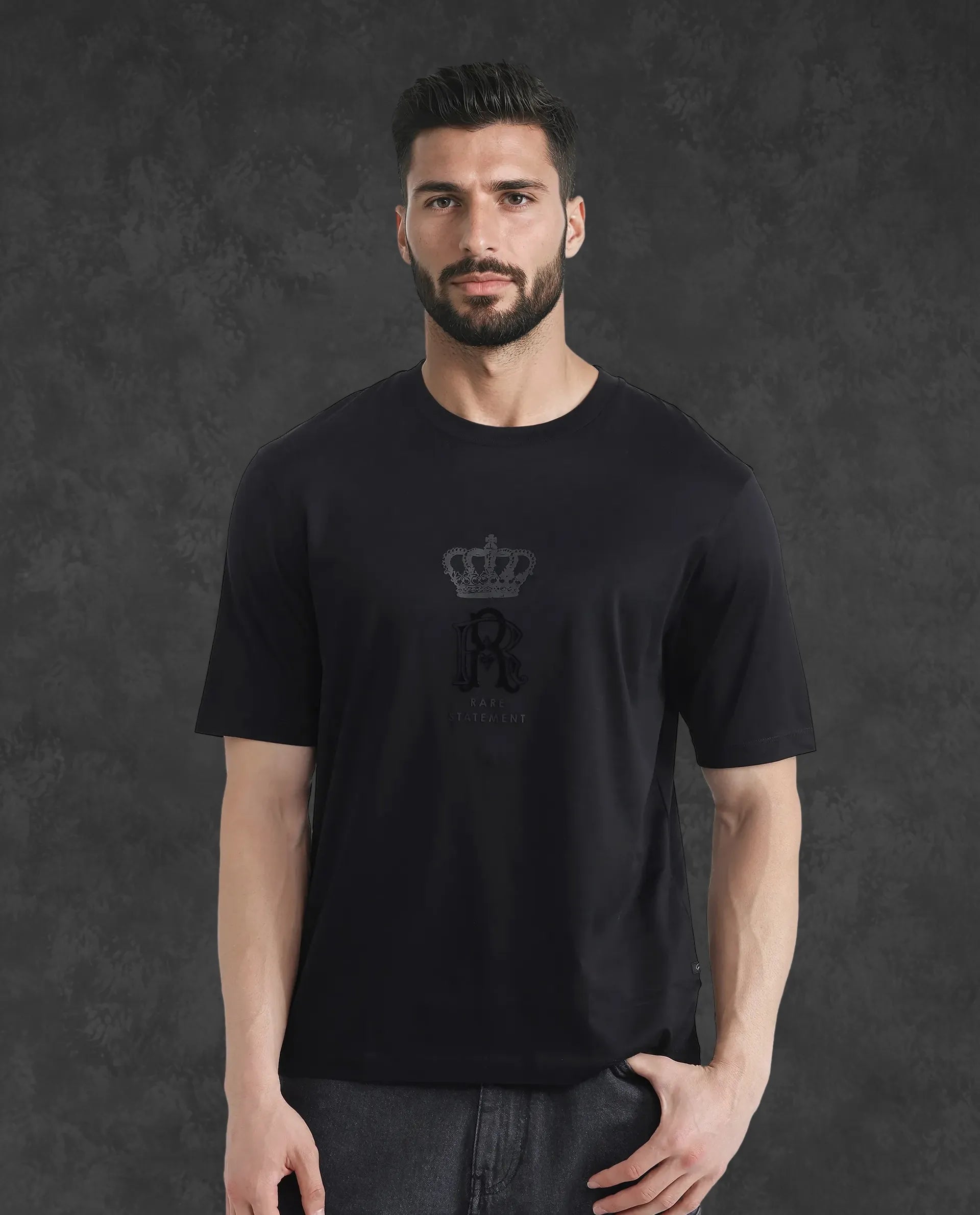 Men's Shirts with Pin CollarsRare Rabbit Men Trell Black Mercerized Cotton Fabric Short Sleeve Crew Neck HD and Flock Print T-Shirt Men's Shirts with Pin CollarsRare Rabbit Men Trell Black Mercerized Cotton Fabric Short Sleeve Crew Neck HD and Flock Print T-Shirt