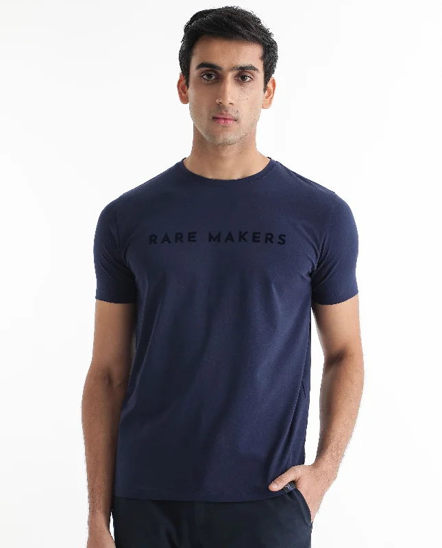 Men's Shirts with Moisture-Wicking FabricRare Rabbit Men's Burke Dark Blue Crew Neck Half Sleeves Velvet Branding Regular Fit T-Shirt Men's Shirts with Moisture-Wicking FabricRare Rabbit Men's Burke Dark Blue Crew Neck Half Sleeves Velvet Branding Regular Fit T-Shirt