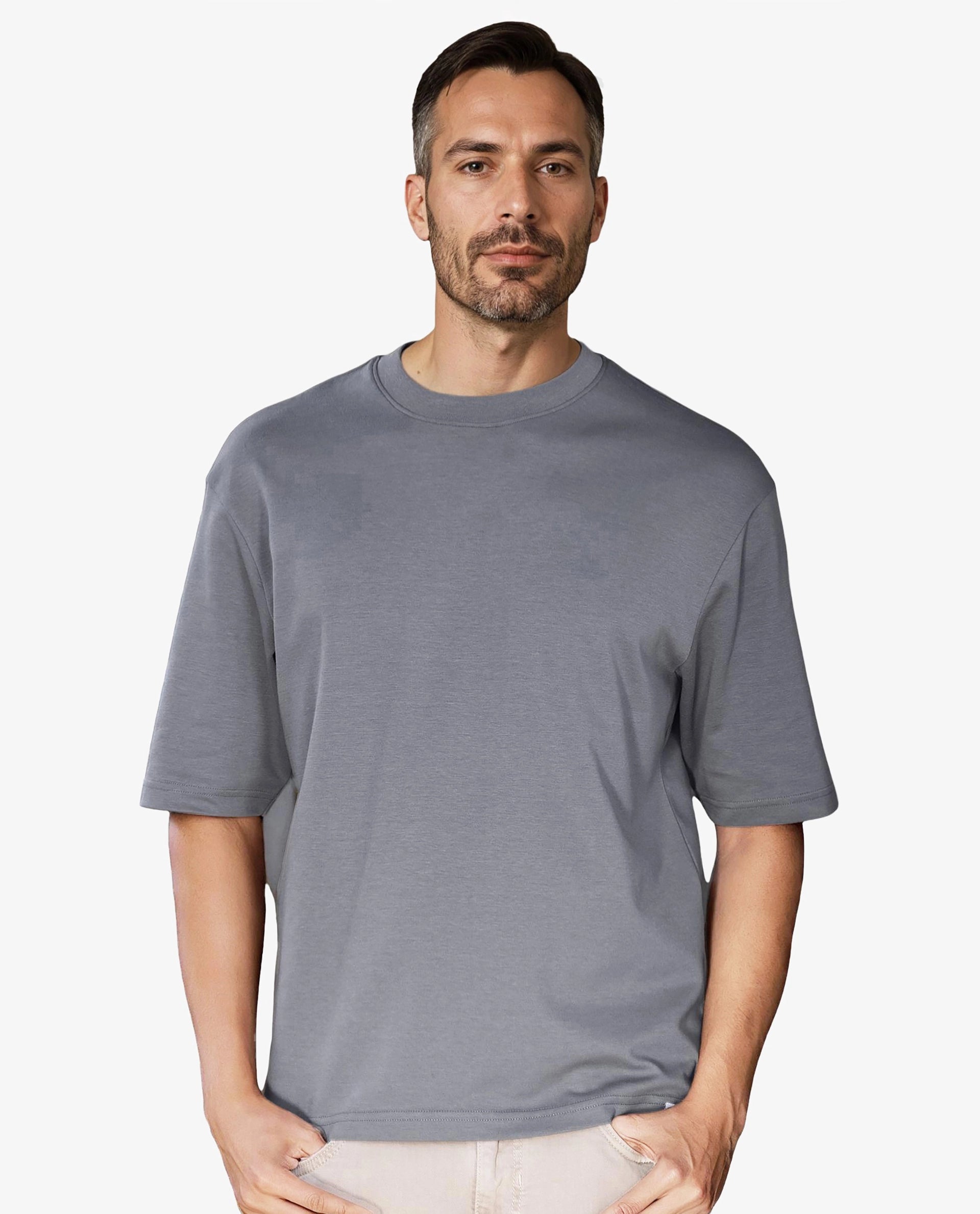 Men's Shirts with Wingtip CollarsRare Rabbit Men's Qlo Dusky Blue Cotton Polyester Fabric Short Sleeve Crew Neck Oversized Fit Solid T-Shirt