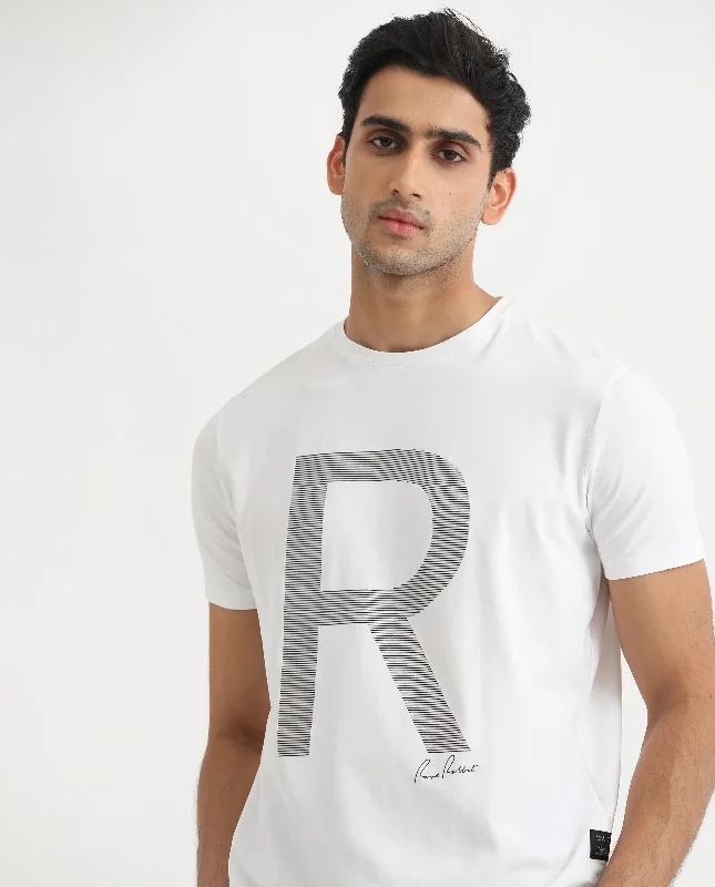 Men's Sleeveless TopsRare Rabbit Men's Radd White Crew Neck Logo Printed Half Sleeves Slim Fit T-Shirt Men's Sleeveless TopsRare Rabbit Men's Radd White Crew Neck Logo Printed Half Sleeves Slim Fit T-Shirt