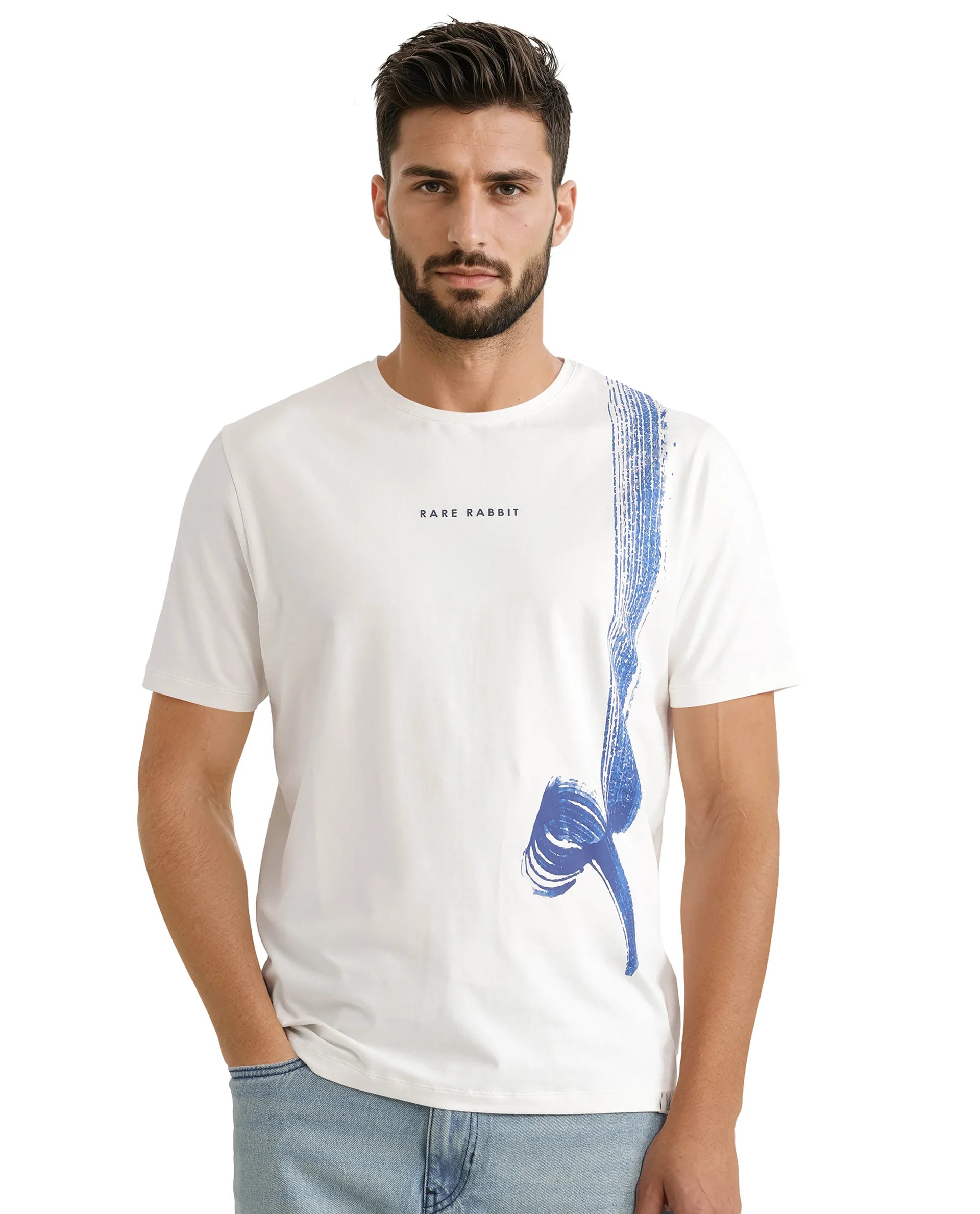 Solid-Colored Men's ShirtsRare Rabbit Men Zyra Off White Cotton Blend Fabric Short Sleeve Crew Neck Graphic Print T-Shirt Solid-Colored Men's ShirtsRare Rabbit Men Zyra Off White Cotton Blend Fabric Short Sleeve Crew Neck Graphic Print T-Shirt