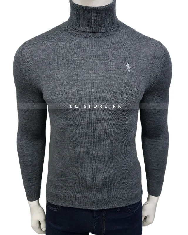 Striped Men's SweatersRL Grey Slim Fit Merino Wool High Neck Sweater