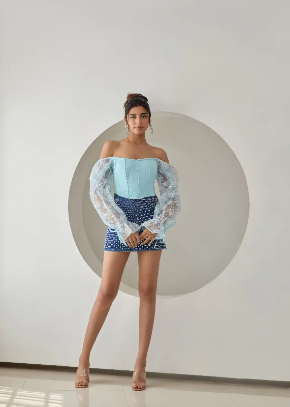Affordable Designer Men's JeansSasha Baby Blue Embroidered Organza Sleeve Corset Top Affordable Designer Men's JeansSasha Baby Blue Embroidered Organza Sleeve Corset Top