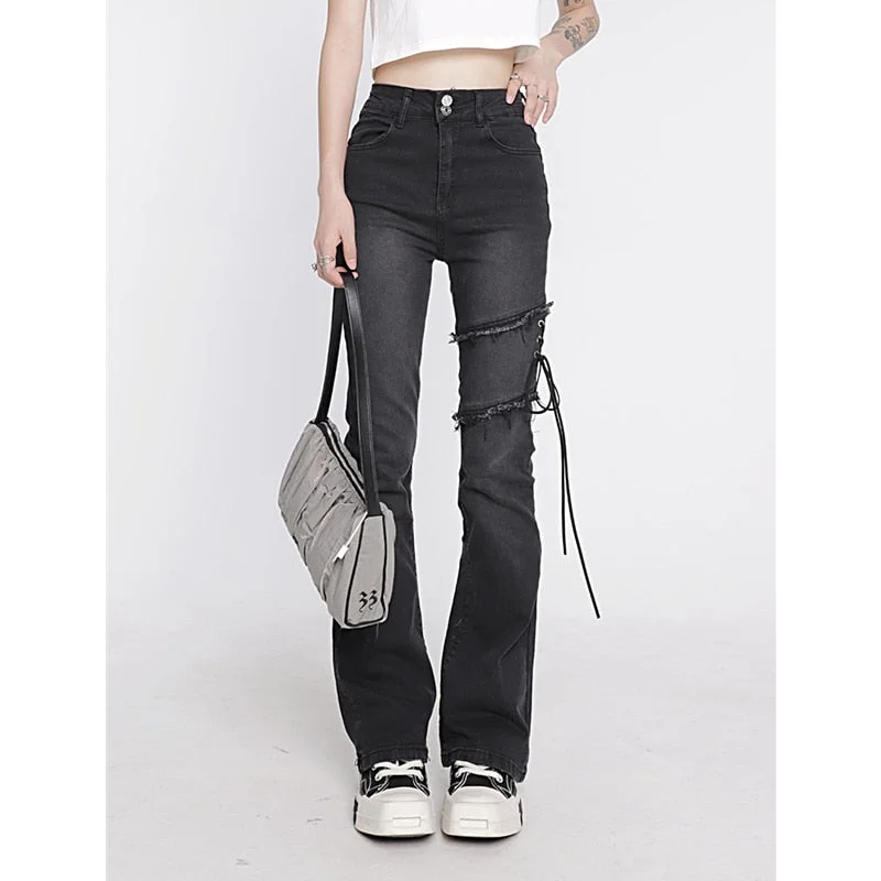 Vintage Men's JeansKittenAlarm - Women's Clothing Flare Jeans Black Lacing High Waist Stretchy Self Cultivation Vintage Casual Baggy Ladies Denim Trouser Summer