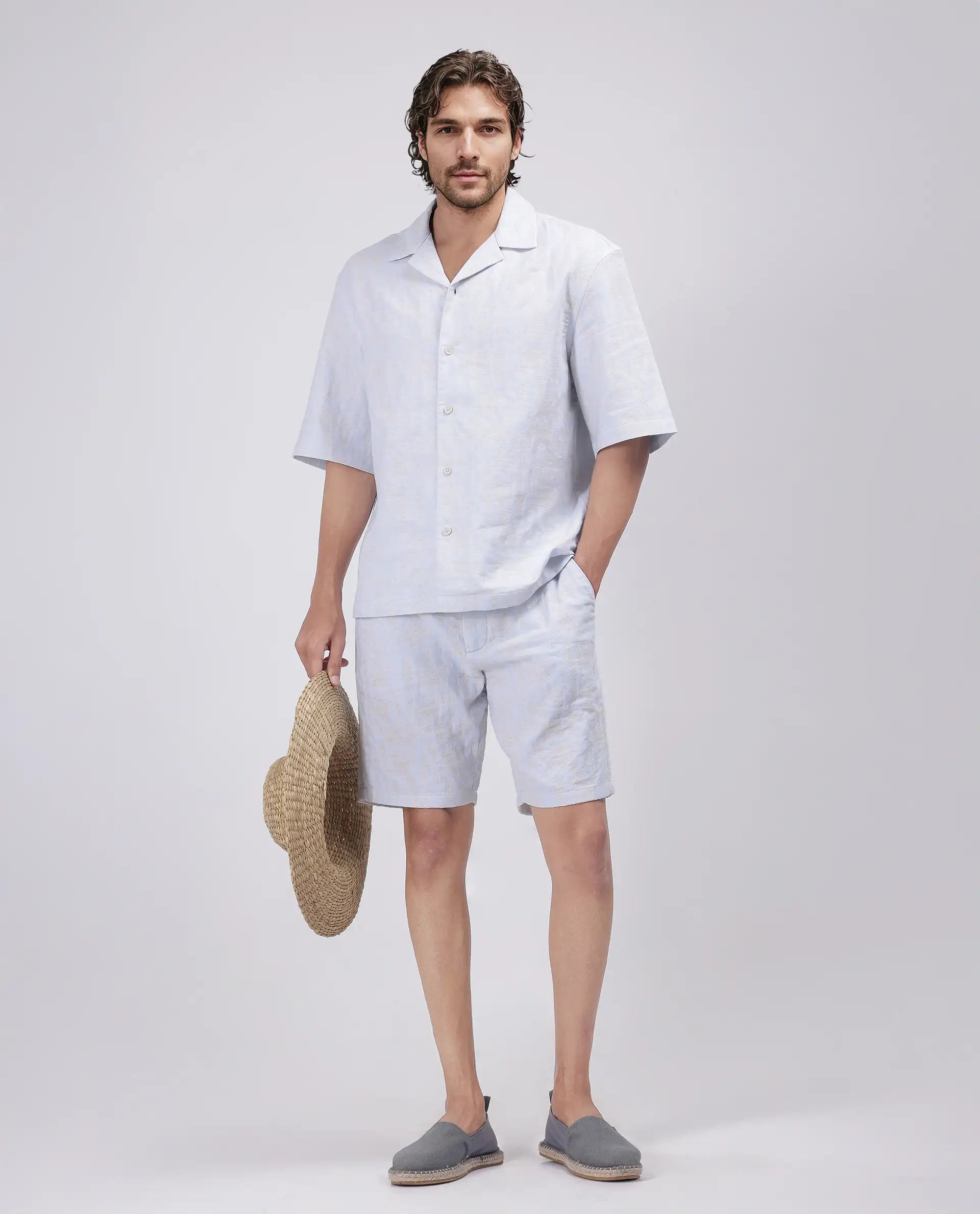 Men's Pants with Contrast Fabric PanelsRare Rabbit Men Welks Pastel Blue Cotton Satin Fabric Drawstring Closure Jacquard Shorts
