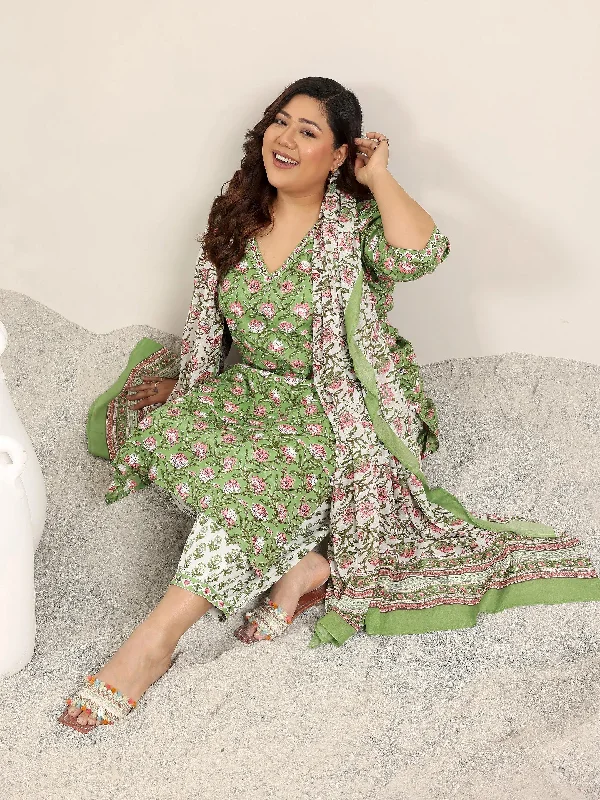 Plus Size Green Printed Cotton Straight Suit Set With Dupatta