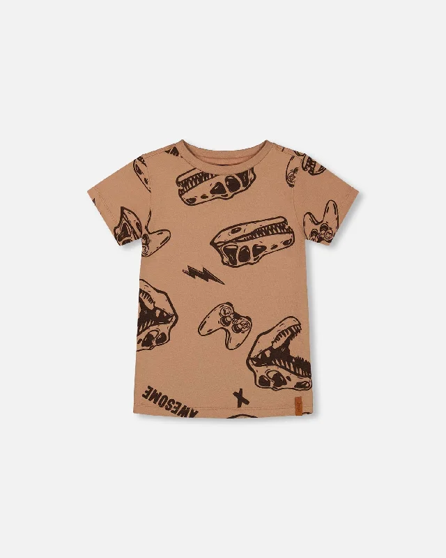 Men's Shirts with Striped PatternsPrinted Organic Cotton Tee Beige And Black Dinos