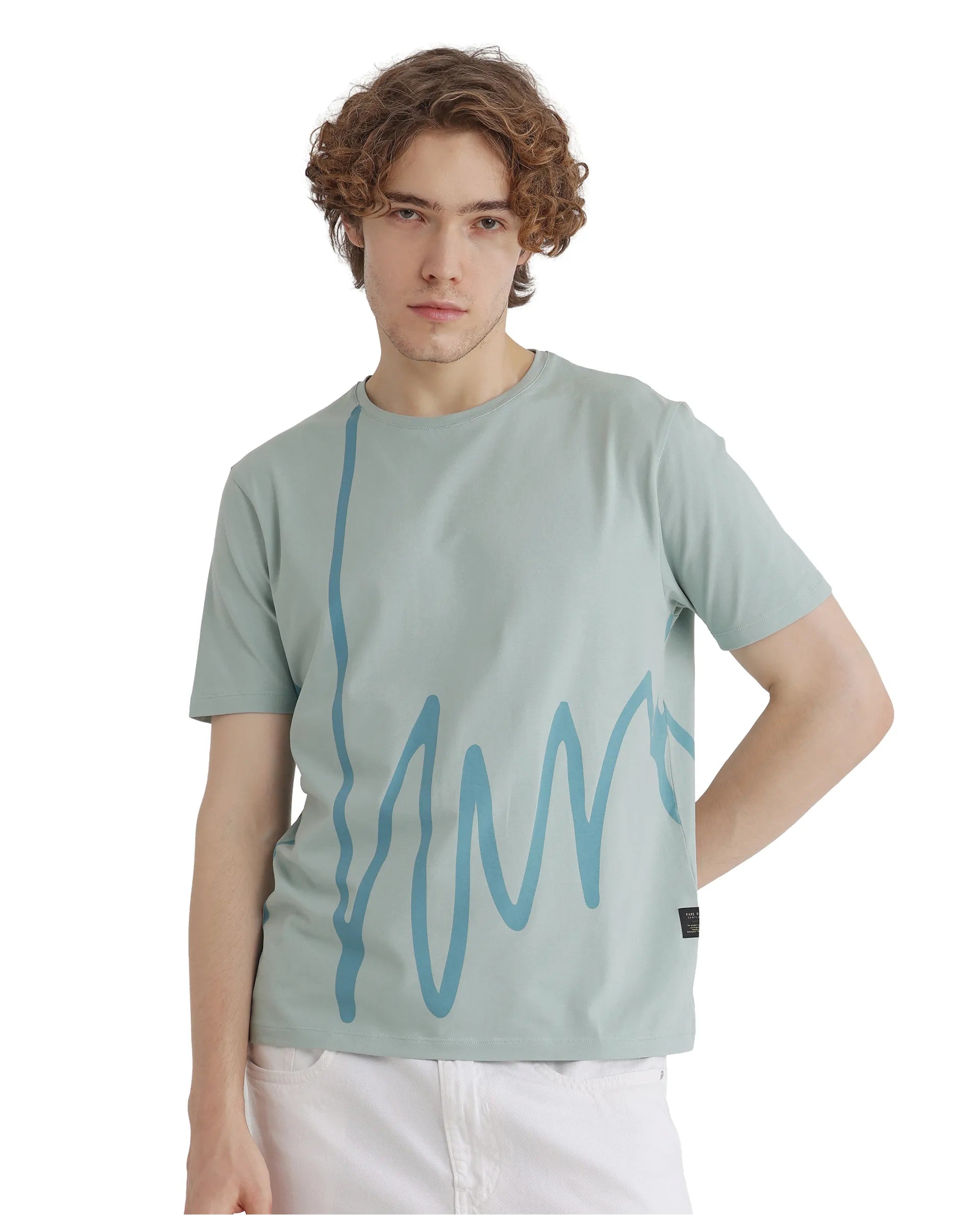 Men's Shirts with Asymmetrical HemlinesRare Rabbit Men Chael Dusky Green Short Sleeve Crew Neck Graphic Print T-Shirt Men's Shirts with Asymmetrical HemlinesRare Rabbit Men Chael Dusky Green Short Sleeve Crew Neck Graphic Print T-Shirt