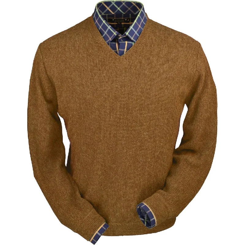 Men's Sweaters with High-Low HemlinesBaby Alpaca 'Links Stitch' V-Neck Sweater in Soft Brick Heather by Peru Unlimited Men's Sweaters with High-Low HemlinesBaby Alpaca 'Links Stitch' V-Neck Sweater in Soft Brick Heather by Peru Unlimited