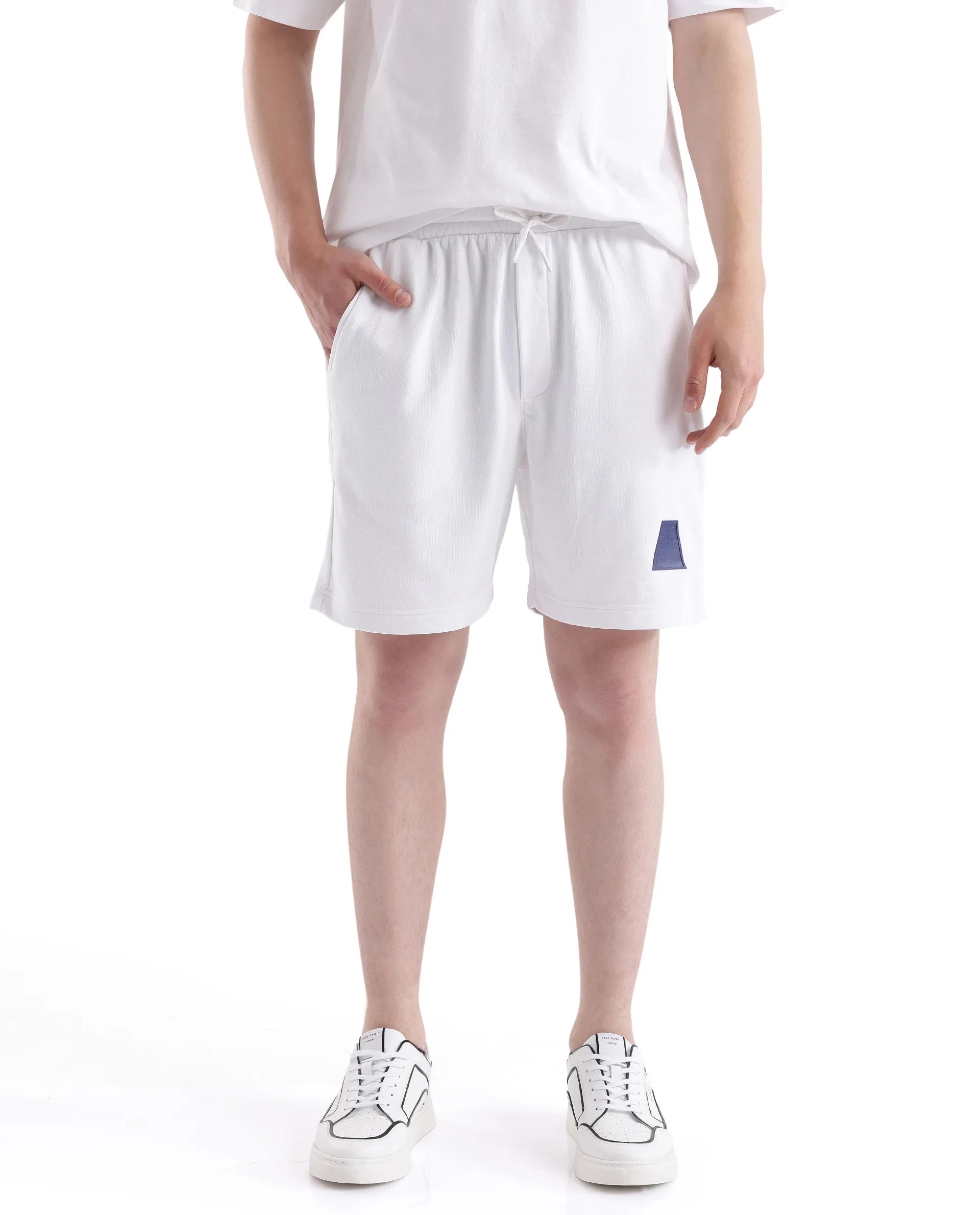 Men's Pants with Reflective Stripes for SafetyRare Rabbit Men Exclaim-B White Cotton Fabric Drawstring Closure Oversized Fit Placement Print Shorts